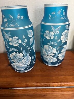Vintage Art Glass Blue Floral Ceramic Vase Pair - Florentine Lay cameo